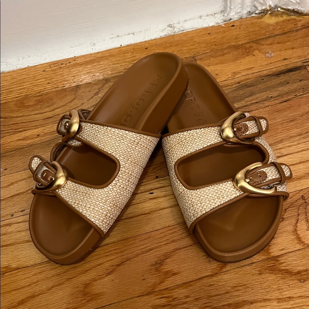 Tan and Brown Slide Sandals with Buckles